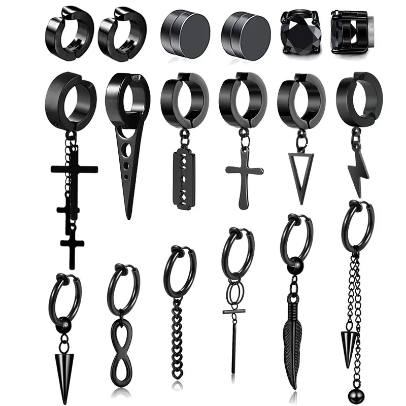 18 Pcs Stainless Steel Earrings For Men Women Black Non