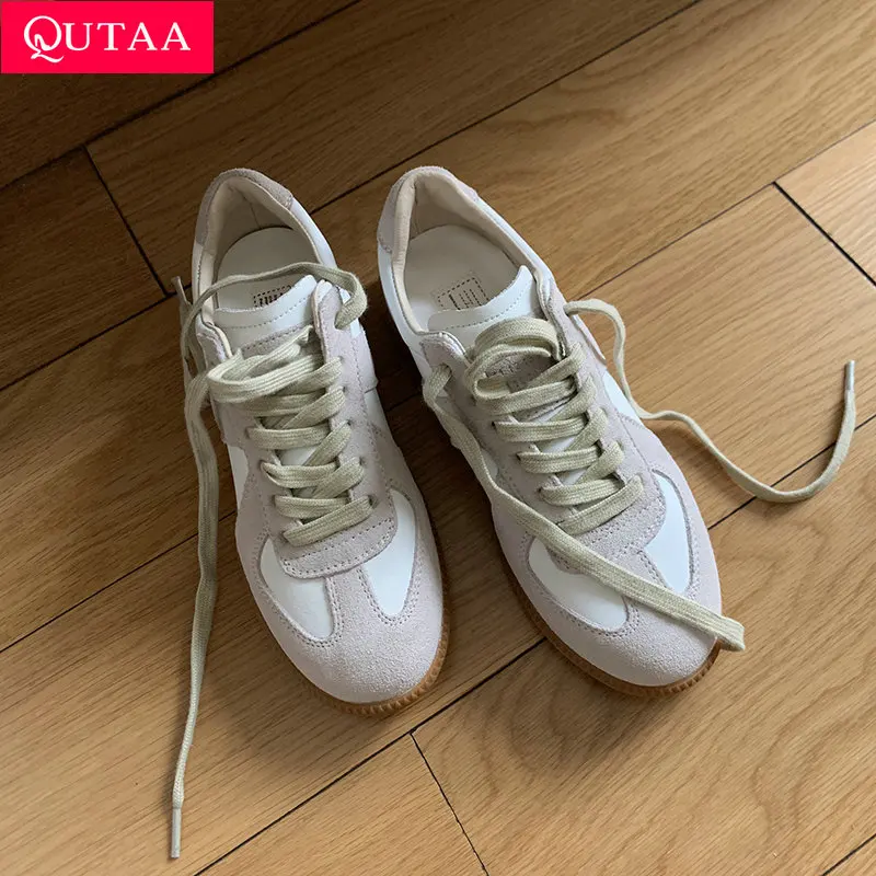 QUTAA 2024 Women Cow Suede Lace Up Sneakers Casual Low Heel Shoes Woman Fashion Sport Shoes Female Sneaker Size 35-40