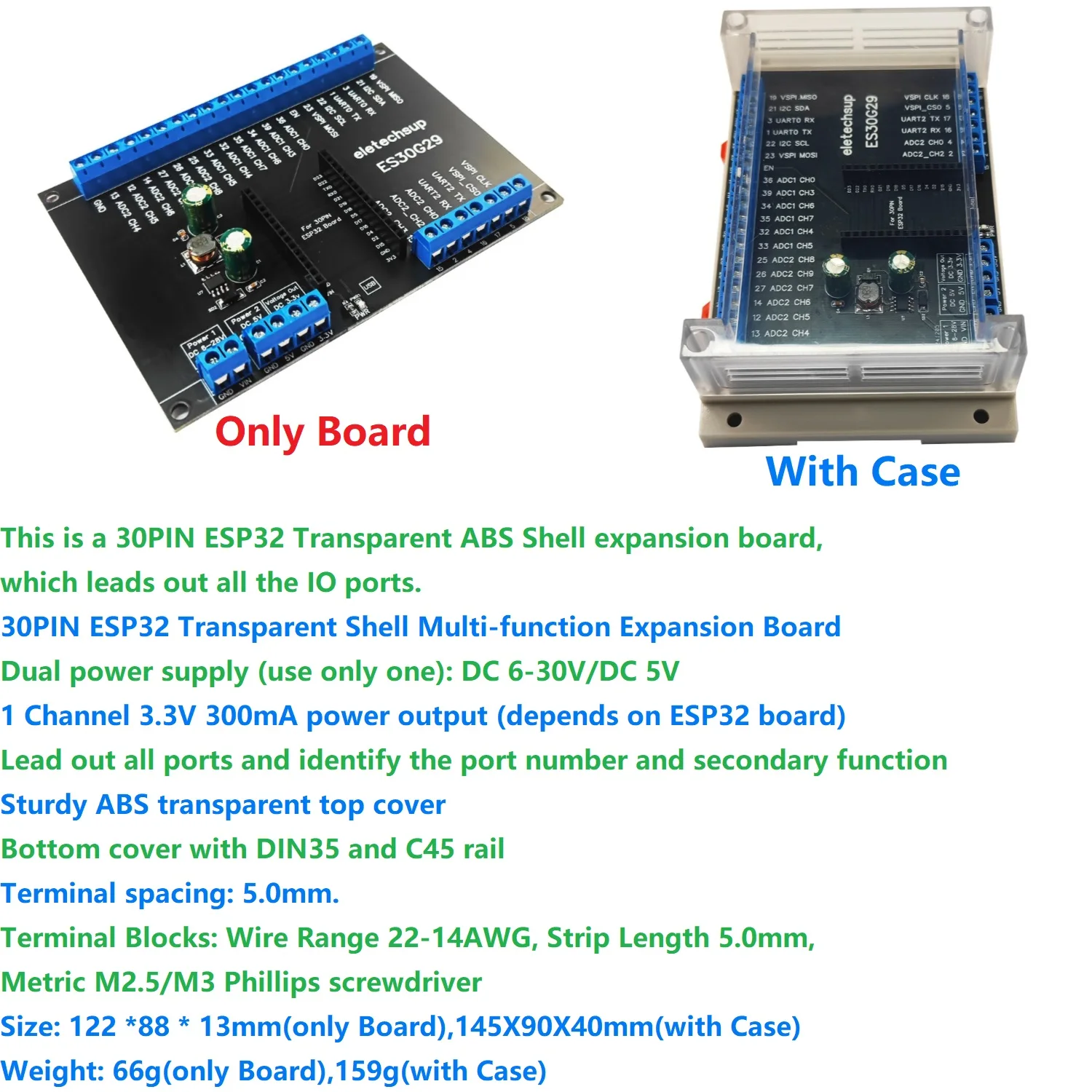 30PIN ESP32 Devkit V1 Transparent Cover Din Rail Expansion Board DC 5V ...