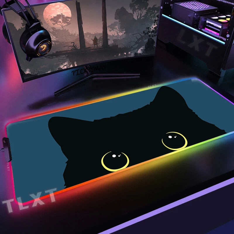Gato Bonito Gaming Mousepad Tapete de Rato Rgb Grande Mousepad Led Kawaii Almofada de Mesa Luminosa Almofadas de Mesa Retroiluminadas