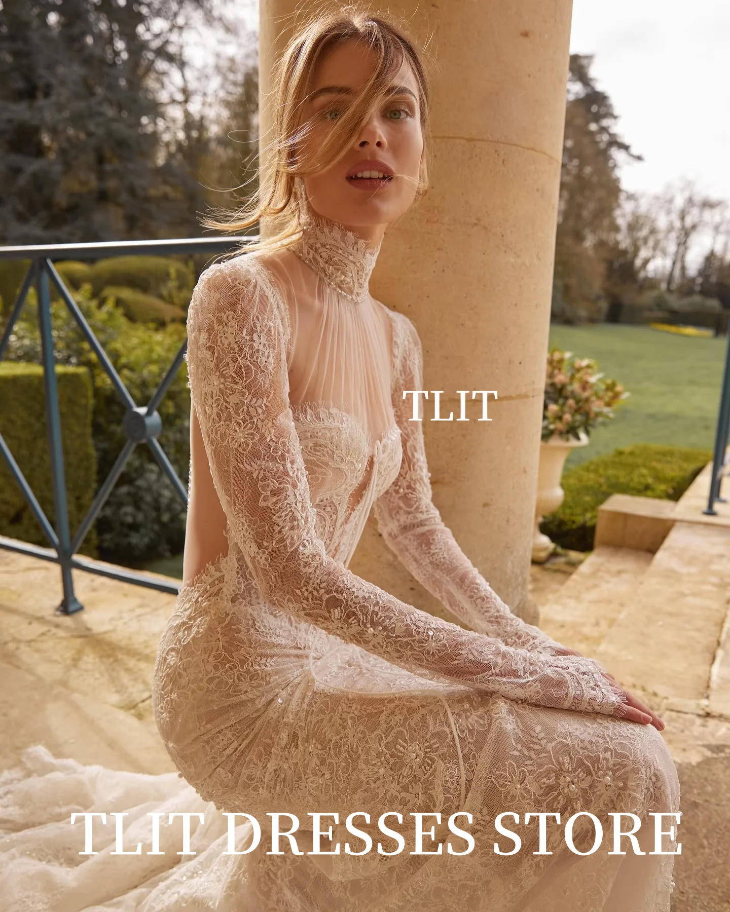 TLIT Luxurious Lace Mermaid Wedding Dresses Customized Long O-Neck فساتين زفاف Long Lace Sleeve Backless Bridal Gowns