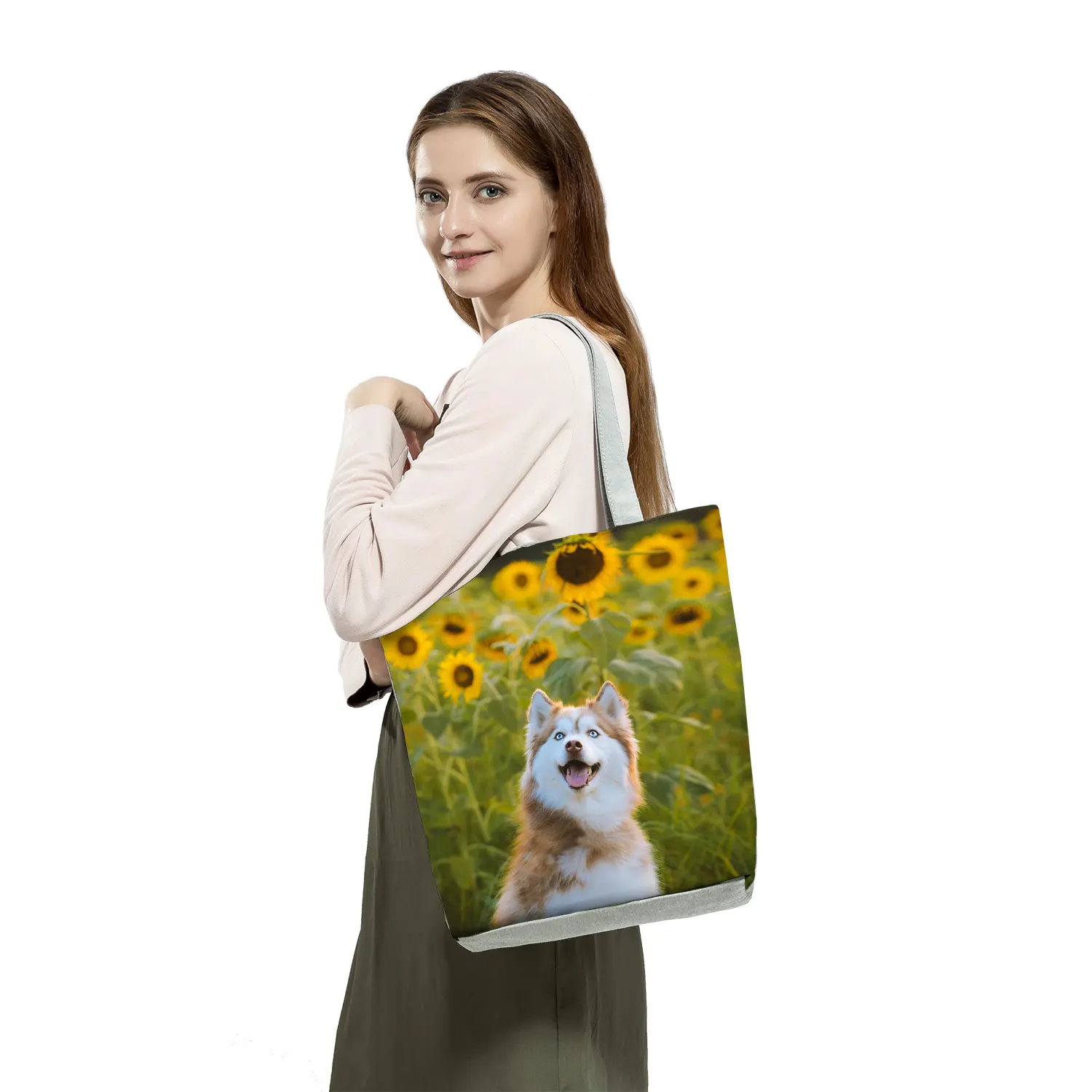 Cute Siberian Husky Print Handbags High Capacity Casual Women Totes Dog Animal Shopping Bags Foldable Portable Travel Beach Bags 3