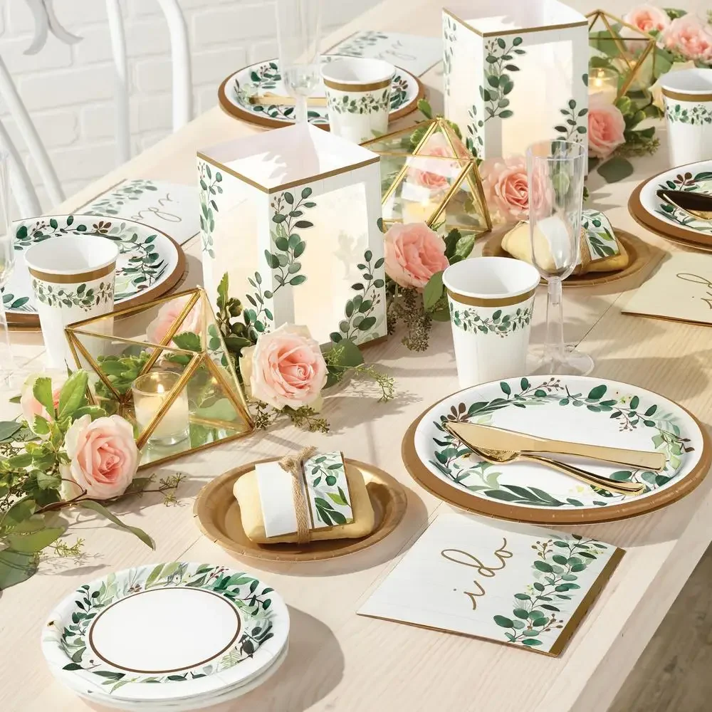Eucalyptus Party Dinner Plates 24 Pack Disposable Paper Plates 24 Guests 10" Round Green/White/Gold Theme Wedding