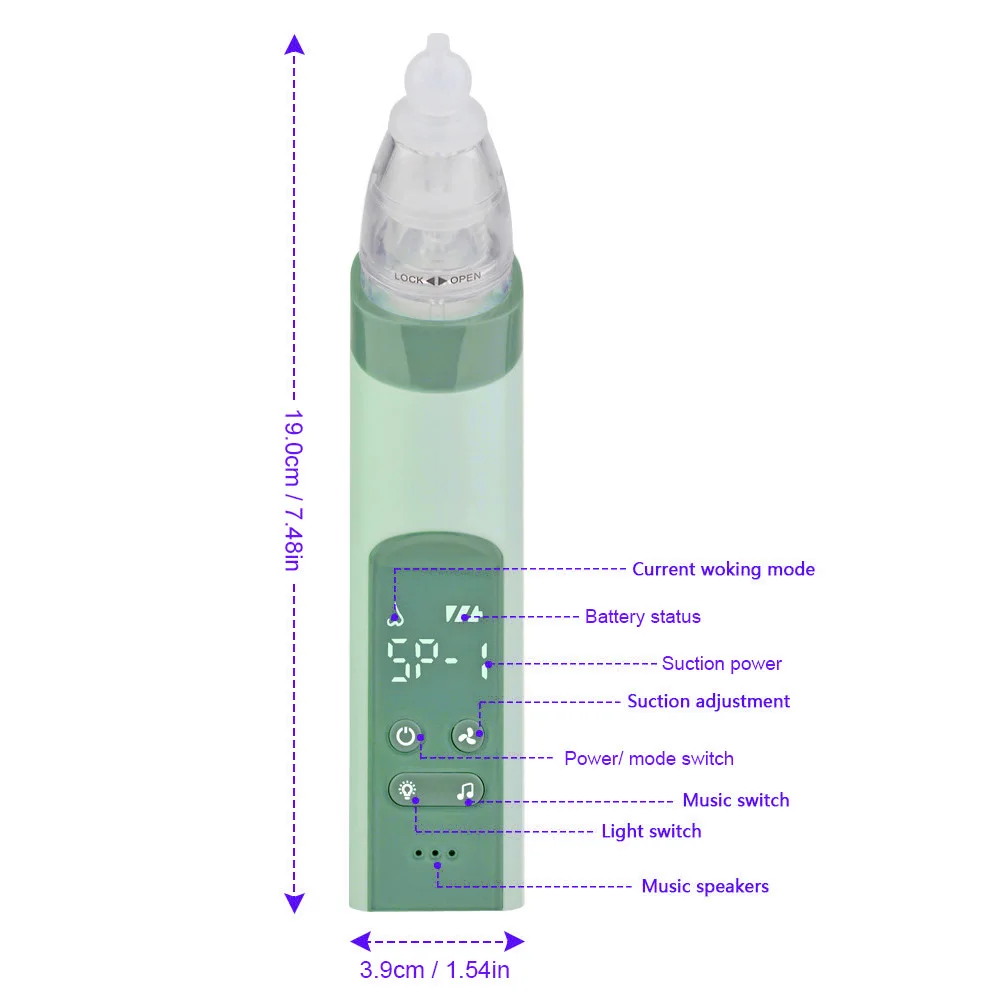 Baby Nasal Aspirator Electric Nose Suction Nose Cleaner with 3 Silicone Tips & Suction Strengths Built-in Flashlight and Music
