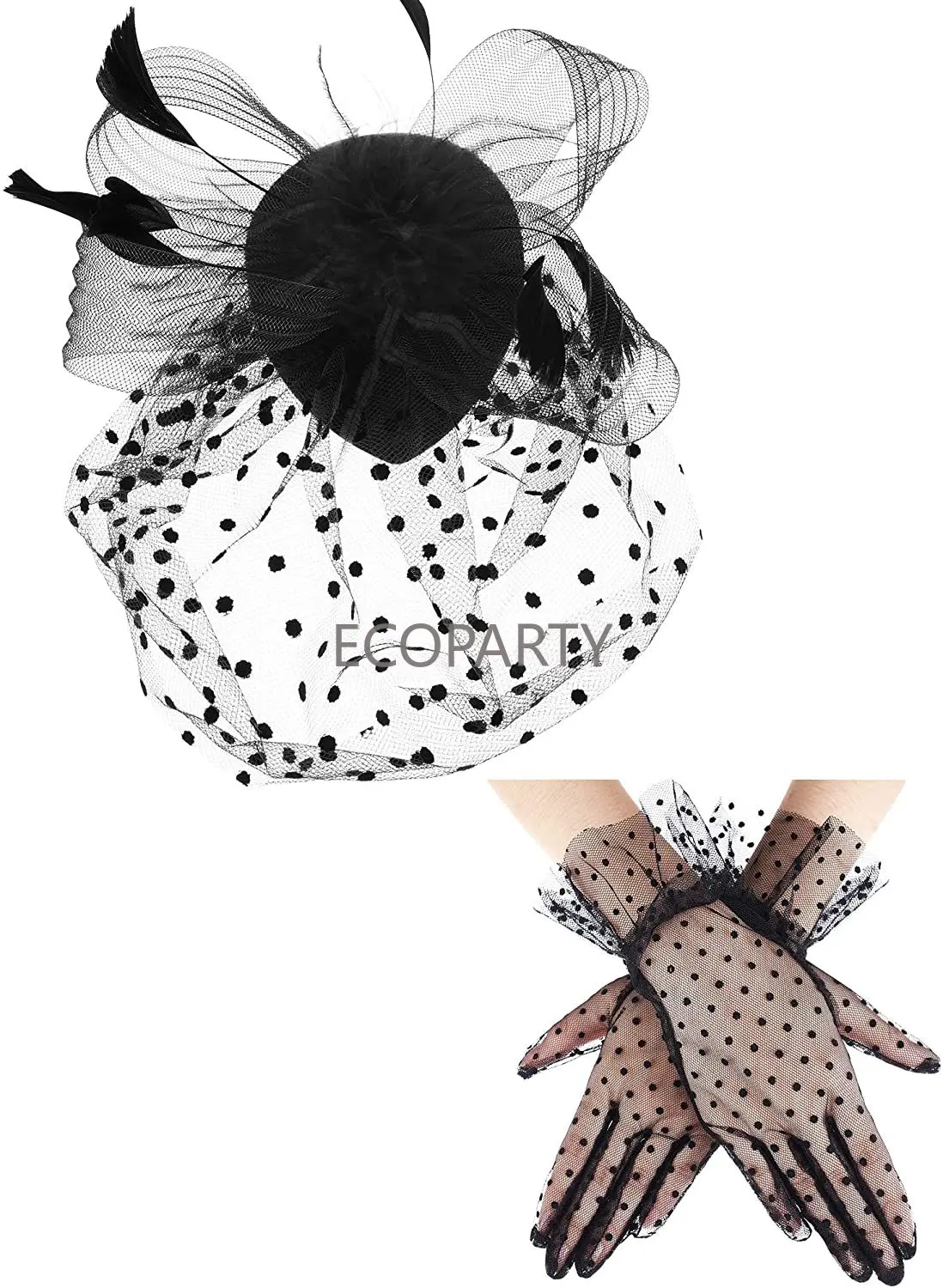 

1950s Vintage Fascinator Hat Faux Feather Mesh Net Hat Cocktail Tea Party Headwear and Women Short Lace Gloves Ecoparty