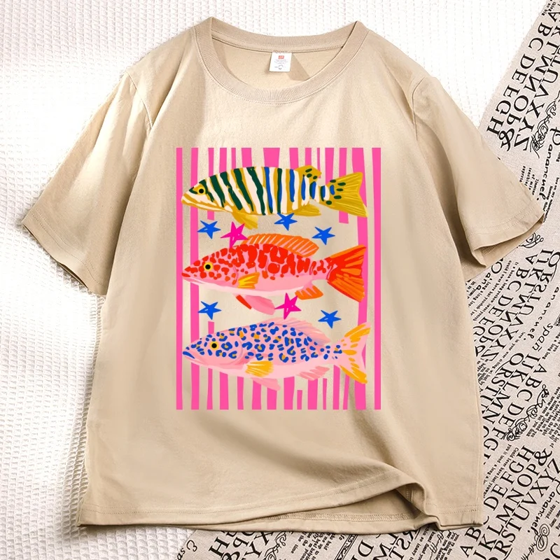 Preppy Fish Bedrucktes T-Shirt für Damen, Angel-T-Shirt, Sommerurlaub, lustiges Strand-T-Shirt, lässige Baumwolle, Rundhalsausschnitt, Damenkleidung