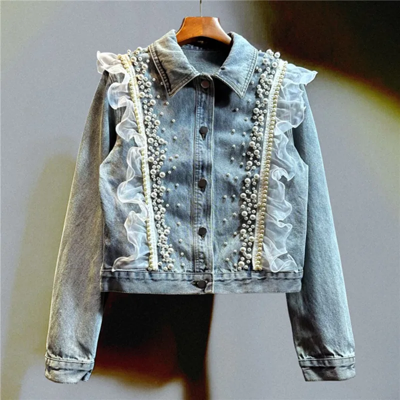 

Spring Autumn Heavy-work Beaded Lace Patchwork Blue Short Jeans Jacket Vintage Blue Light Blue Slim Lapel Long Sleeve Denim Coat