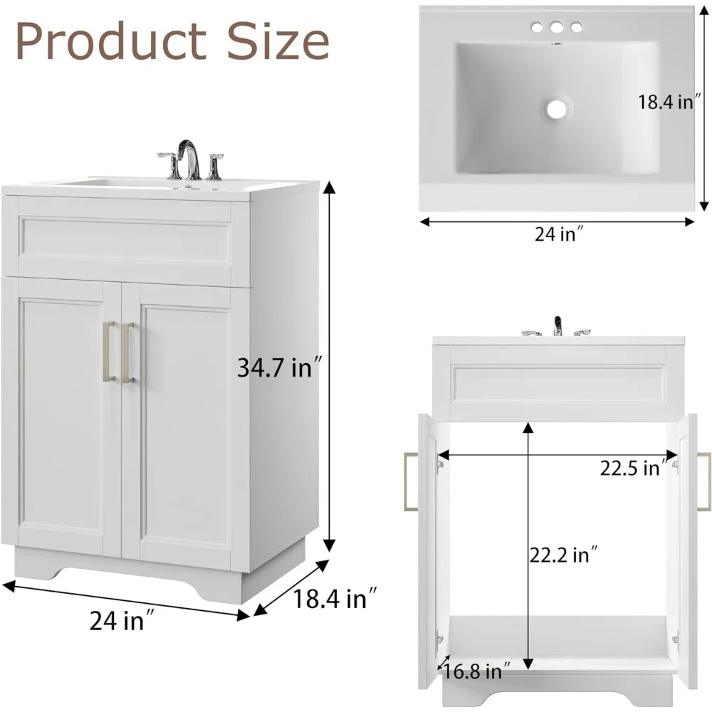 Bathroom Vanity with Sink, 24" White Bathroom Vanity with Ceramic Sink Combo Set,