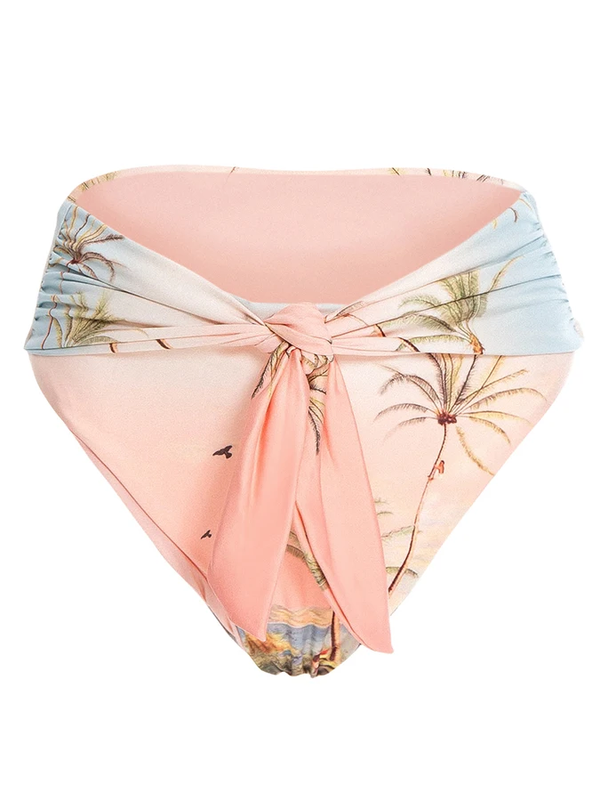 Fashion Sweet Retro Princess Sleeves Coconut Beach Scenery Print Holiday Casual Lace-up Design Tight Split Bikini Swimsuit Cover