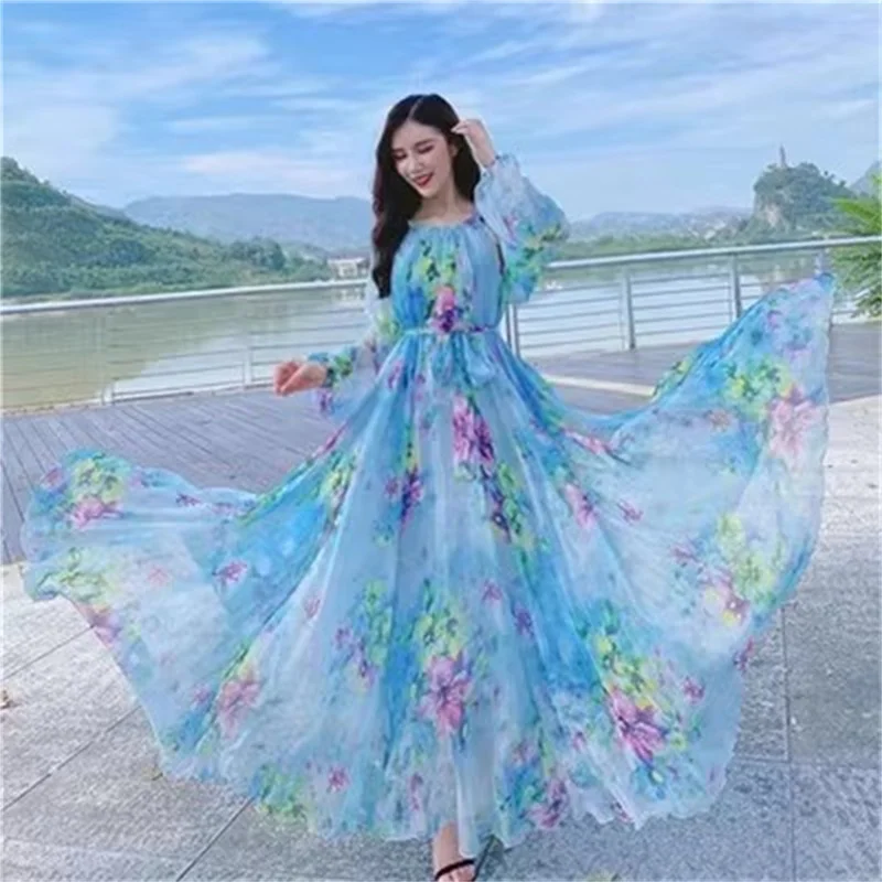 To The Ankle Chiffon Long-sleeved Dress Women Spring and