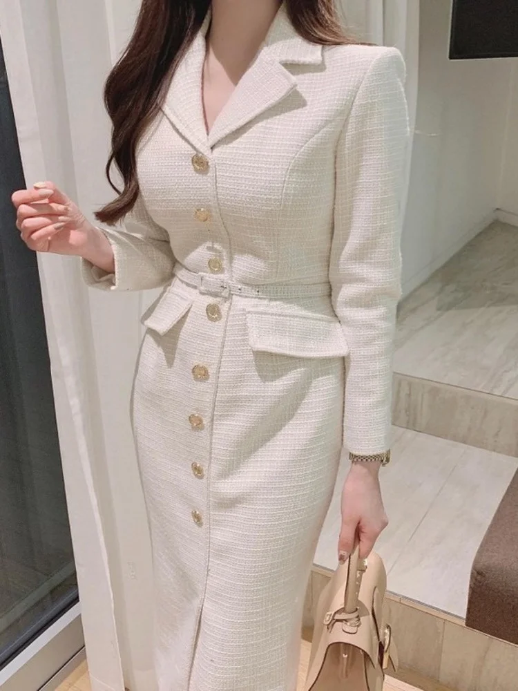 

Women Beautiful Women Clothes Lace-up Waist Office Lady Ladies Tweed Dress 2023 Spring Sweet Notched Collar Slim Dresses M310