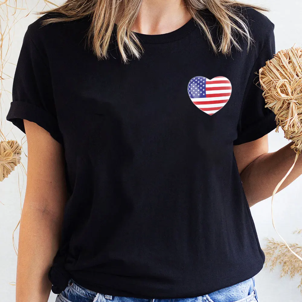 

Heart Flag Print New Arrival 4th of July Shirt 100%Cotton Women Tshirt July 4th Funny Summer Casual Short Sleeve Top Tee