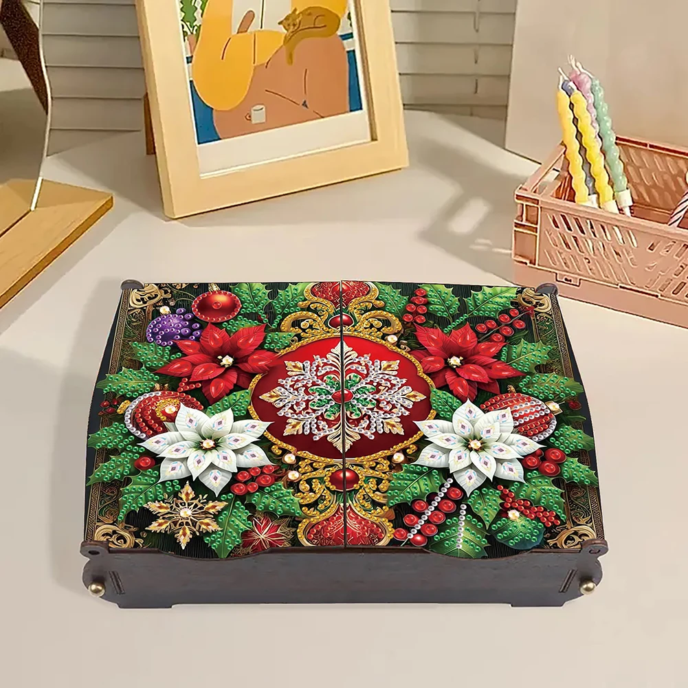 Wooden Rhinestones Decorative Storage Box DIY Diamond Painting Colored Pattern Wood Case Crystal Storage Case Kit for Home Decor