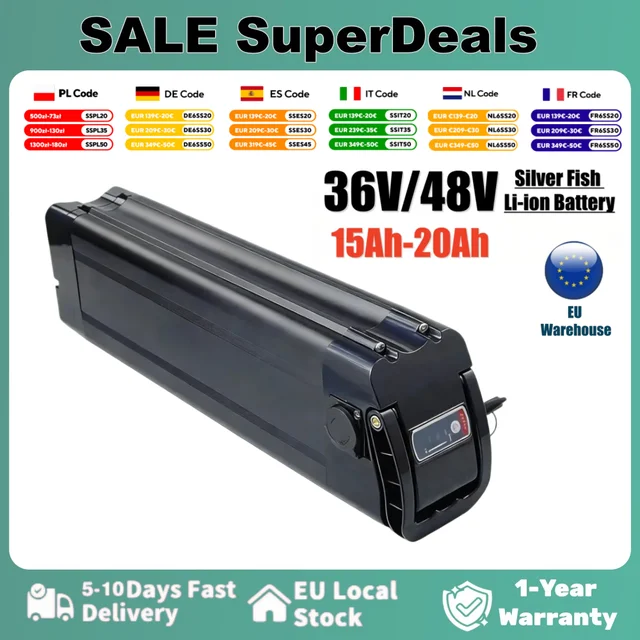 Batterie rechargeable au lithium 36V/48V 20Ah 15Ah 18650 avec BMS intégré 30A pour kit moteur Bafang Silverfish 250W-1000W avec chargeur 2A 1