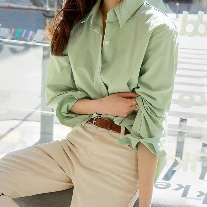 

2024 New Summer KPOP Fashion Style Casual Solid Color Office Lady Women's Shirt Button Chic Loose Long Sleeve V Neck Y2K Tops