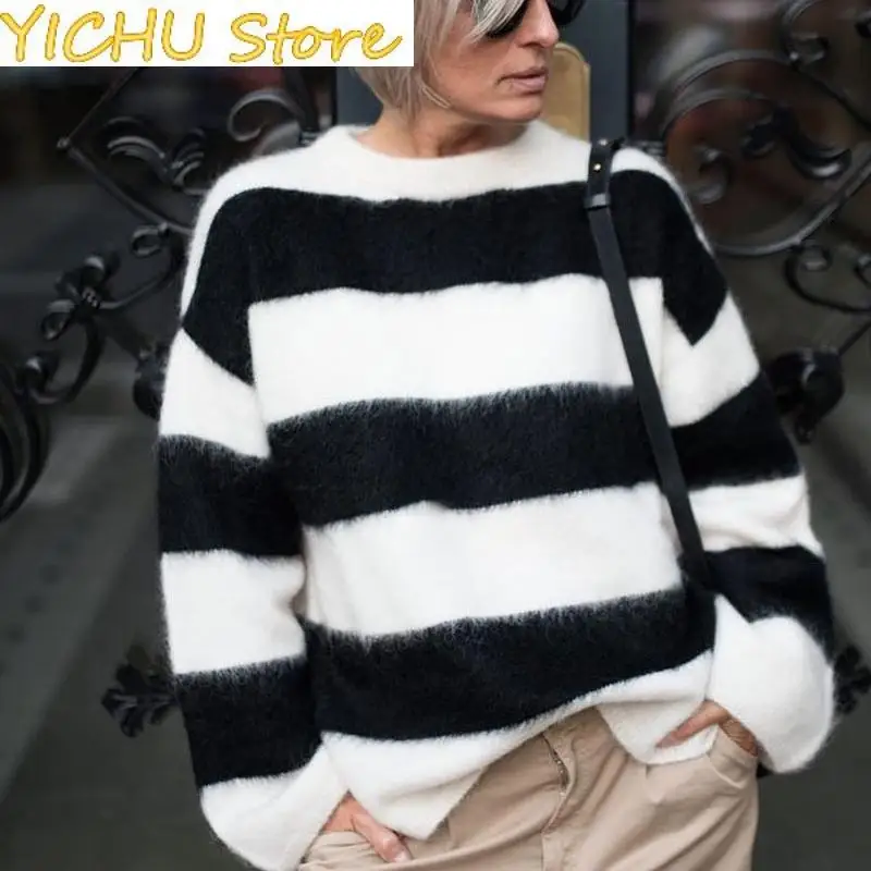 

New Solid O-neck Knitted Mohair Sweater For Women Warm Long Sleeved Elegant Lady Knitwear Loose Thick Casual Street Jumper Tops