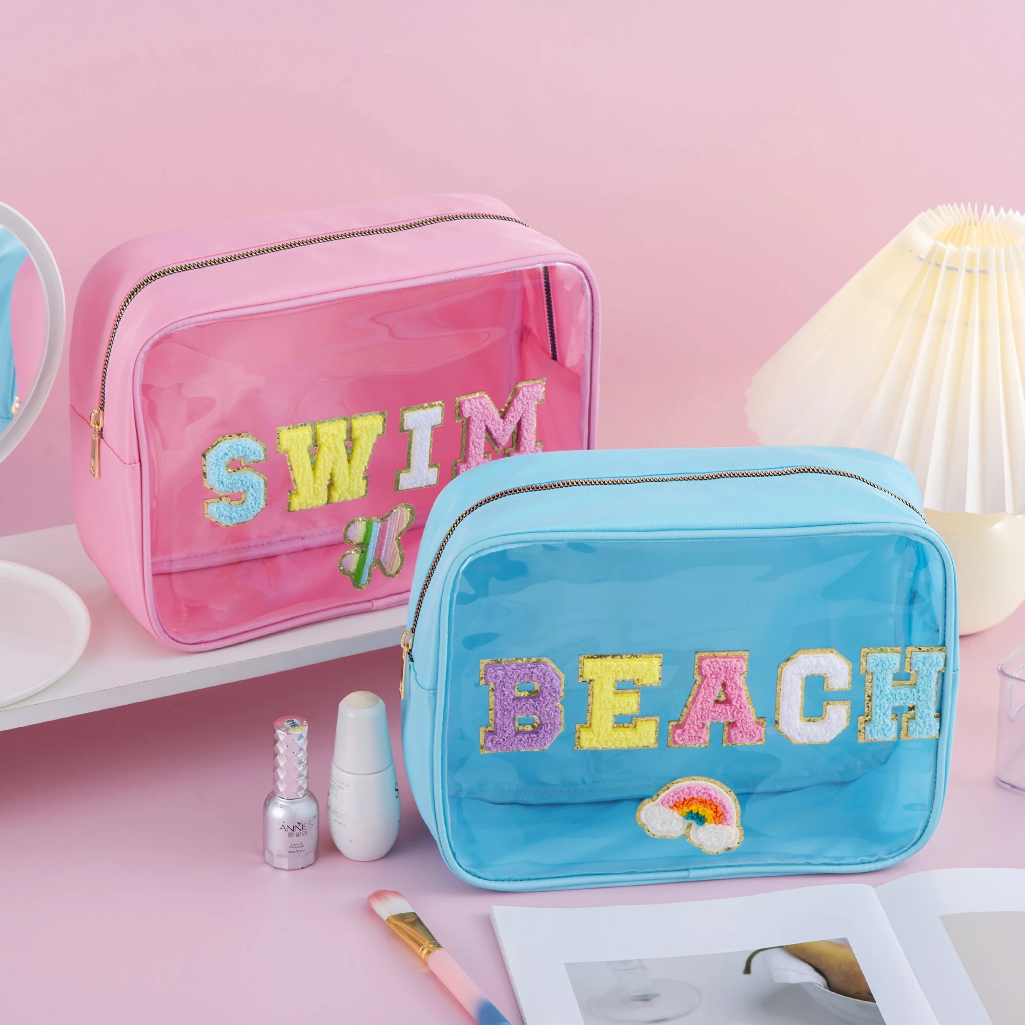Cute Girls Women Large Capacity Waterproof Preppy Chenille Letter Clear PVC SWIM BEACH STUFF Makeup Bag Cosmetic Zipper Pouch 4