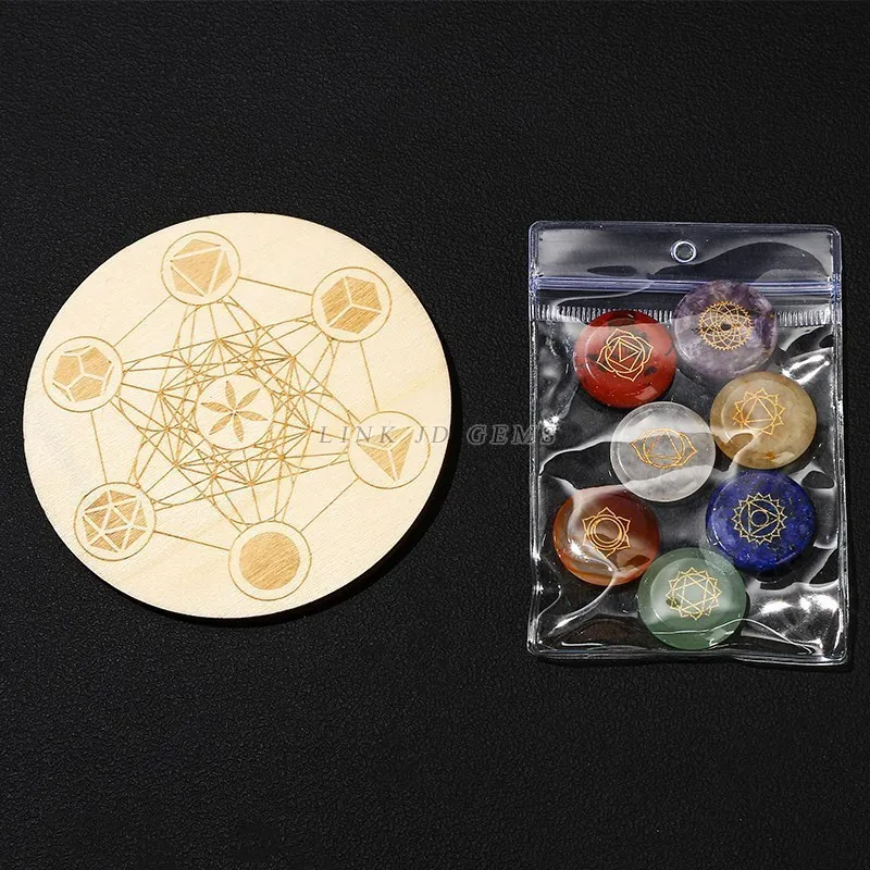 Healing Stone 7 Chakra Carved Reiki Symbol Crystal Set Flat Round Bead With Seven Star Array Wood Plate For Meditation Balancing