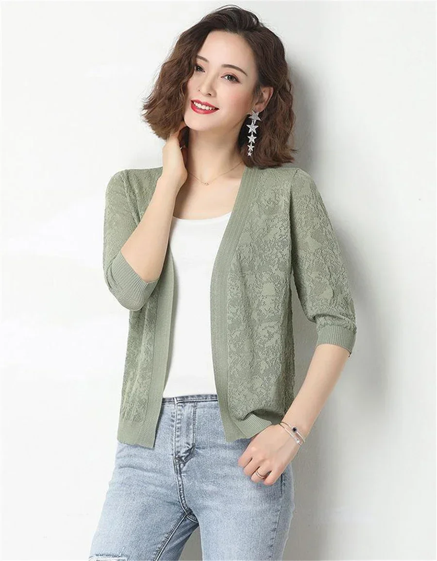 Fashion Thin Knitted Cardigan Summer Ice Silk Sun Protection Coat Women's Short Knit Sweater Fashion Hollow Out Shawl Jacket