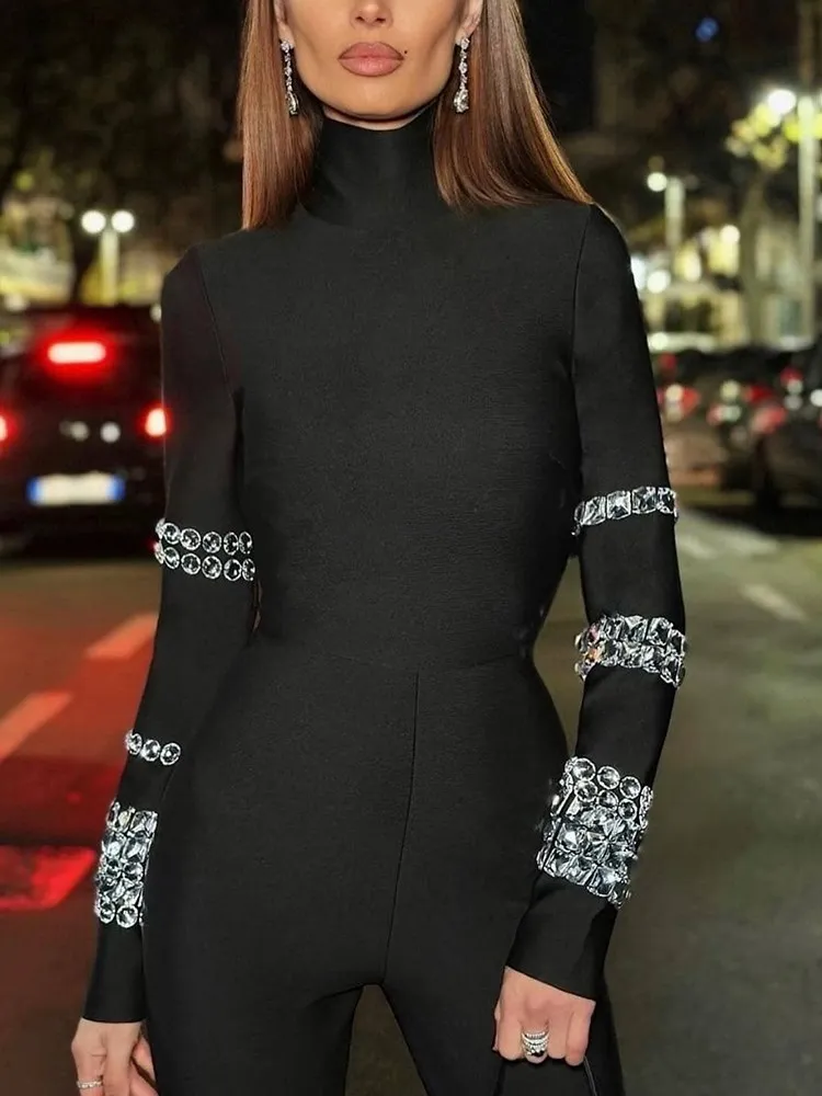 KBQ Patchwork Diamonds Skinny Black Jumpsuit For Women Turtleneck Long Sleeve High Waist Spliced Zipper Chic Jumpsuits Female