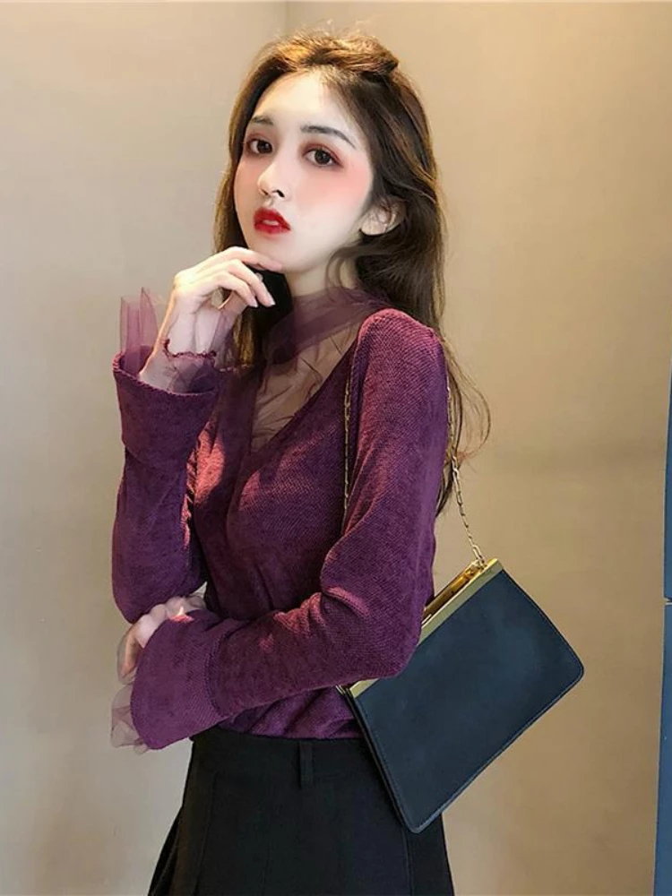

Casual Autumn Winter Hollow Out Bottoming Shirt Casual Patchwork Mesh Tops Deep V-collar Long Sleeve New T-shirt Women T395