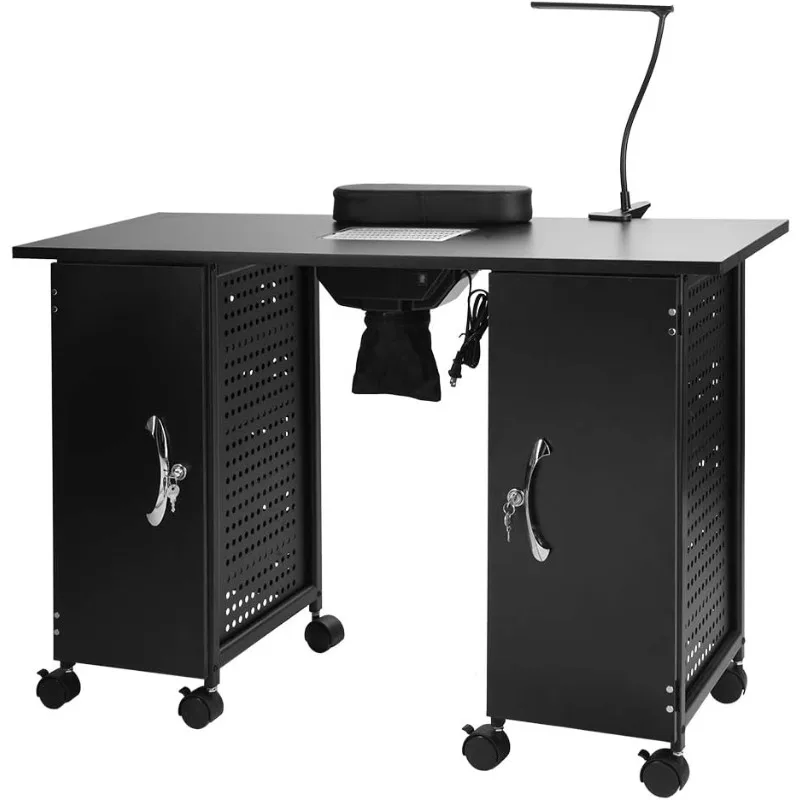 Mefeir Manicure Table Nail Desk W/Electric Downdraft Vent,Iron Frame Beauty Spa Salon Workstation W/Wrist Rest,Lockable Cabinets