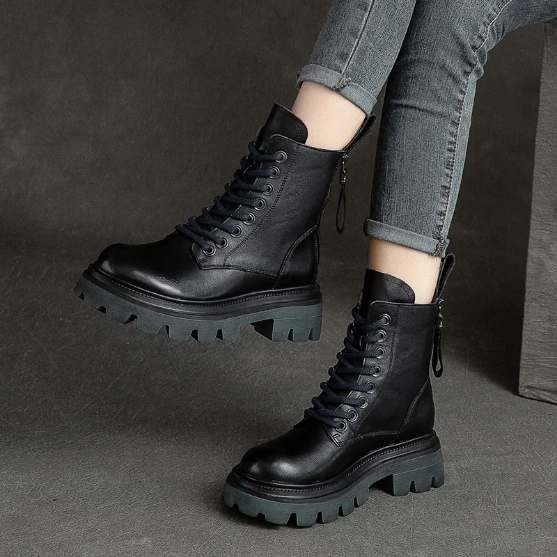 

Krasovki 4cm Genuine Leather Retro Punk Boots Ankle Booties Platform Wedge Chunky Heel Women Booties Motorcycle Knee High Boots
