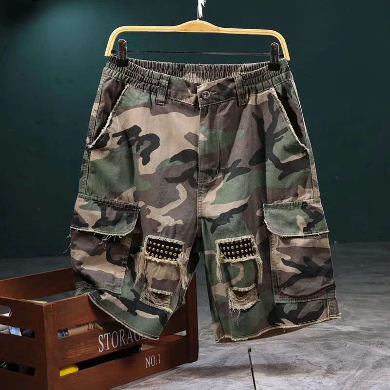 Workwear Camouflage Shorts Men's Summer Hole & Patch Street Design Loose Casual Cool Trendy Capris Men's Clothing