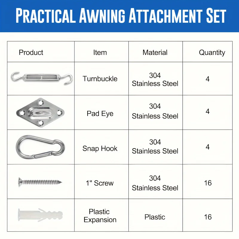 Awning Attachment Set Heavy Duty Sun Shade Sail Stainless Steel Hardware Kit for Garden Triangle Square Rectangle