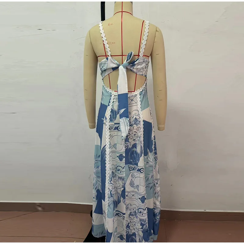 Linen Strapless Suspender Sexy Maxi Dress Women Lace Backless Large Hem Fashion Printed Long Skirt New Holiday Vestidos
