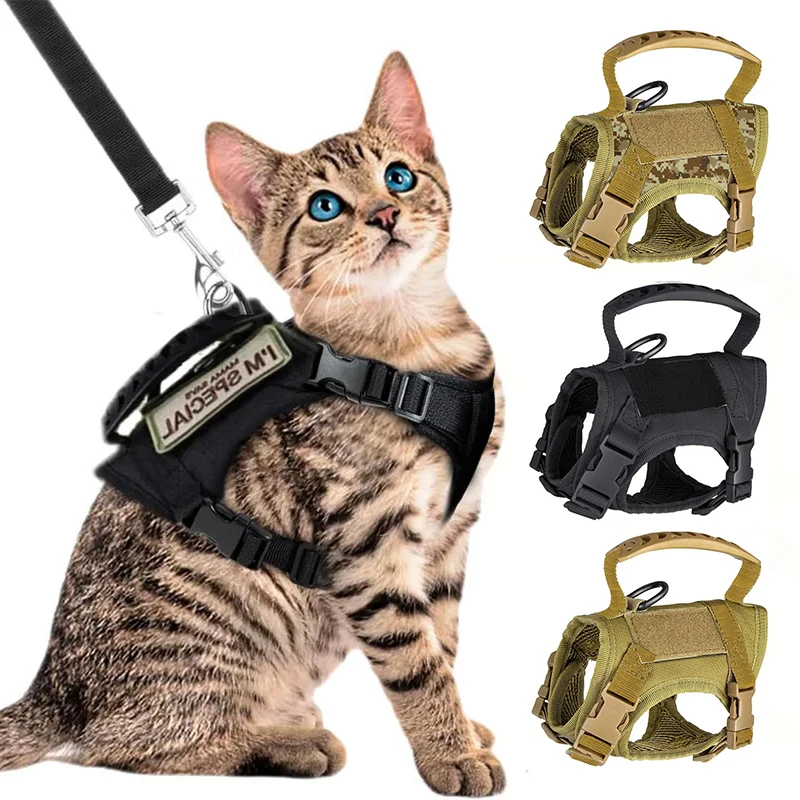 Tactical Cat Dog Harness Leash Adjustable Soft Mesh Pet Vest Cats Escape Proof Vest for Working Training for Large Cat/Small Dog Tactical Cat Dog Harness Leash Adjustable Soft Mesh Pet Vest Cats Escape Proof Vest for Working Training for Large Cat/Small Dog