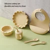 Color Kids Baby Feeding Set Solid Color Utensils Waterproof Bib Cartoon Lion Shape Sucker Dishes Plate Feeding Bowl Spoon Cup 1