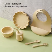 Color Kids Baby Feeding Set Solid Color Utensils Waterproof Bib Cartoon Lion Shape Sucker Dishes Plate Feeding Bowl Spoon Cup 1