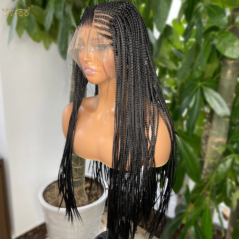 Long Side Part Black Micro Braided 13x6 Synthetic Lace Front Wigs for Black Women Full Hand Tied Box Braided Lace Front Wig