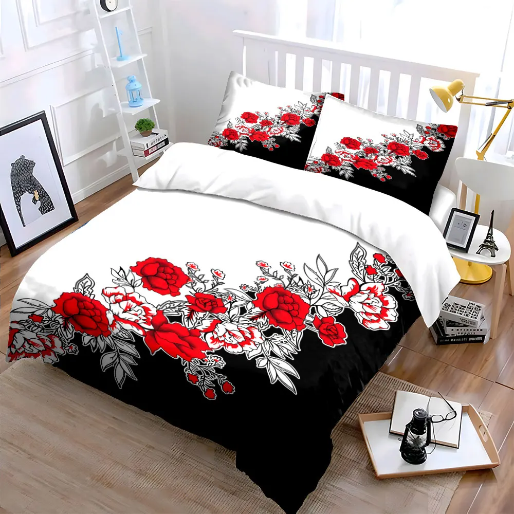 Red flowers with black-and-white background Bedding Set for Kids Luxury Gift 3pcs Digital Print Comforter Set Soft Comfortable 4