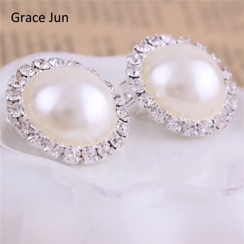 Grace Jun New Design Double Round Shape Rhinestone Clip on Earrings Without Piercing Fashion Simulated Pearl Ear Clip ear clip earrings clip earrings ear clip ear accessories