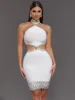 Women Celebrity Summer Sexy Beading Crystal White Mini Bodycon Bandage Dress 2024 Knitted Elegant Evening Club Party Outfit 1
