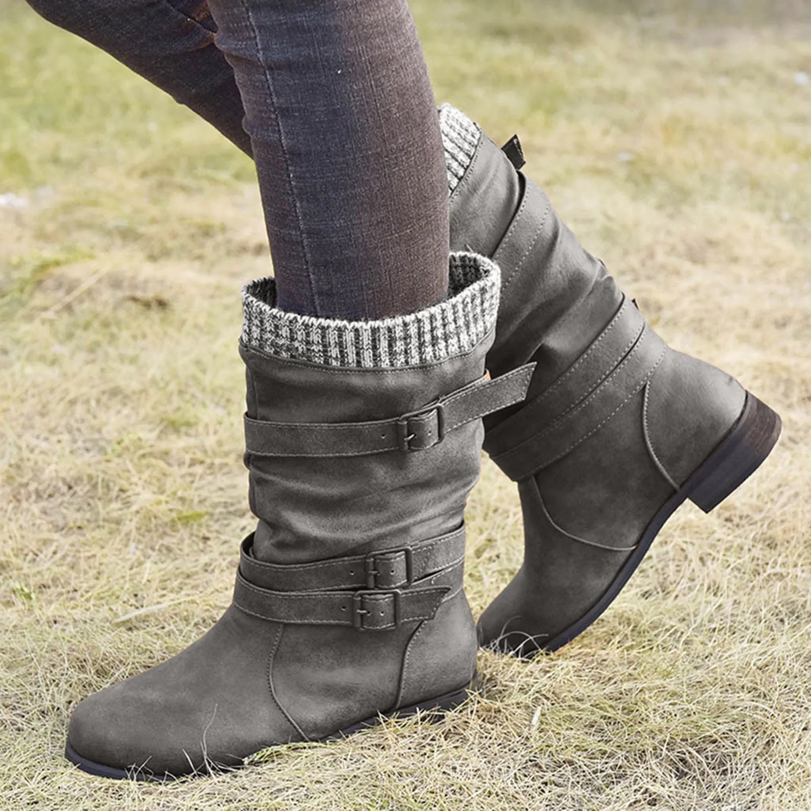 Womens Galoshes Mid Calf Womens Leather Round Toe Low Heeled Strap Western Middle Tube Knee High Rain Boots For Women Wide Calf - Image 3