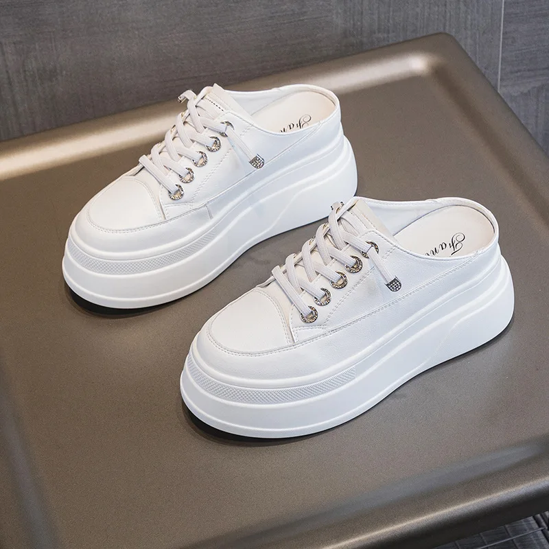 Half Slippers Genuine Leather Women's Casual Shoes Platform Ladies Slippers Lace Up White Elevator Shoe Low Top Female Footwear