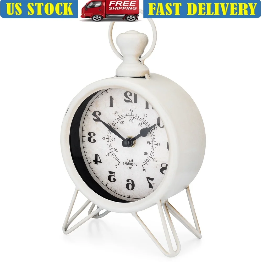 Vintage White Metal Table Clock Elegant Home Decor QA Analog Movement Battery Operated Stylish Decorative Clock Classic Design 1
