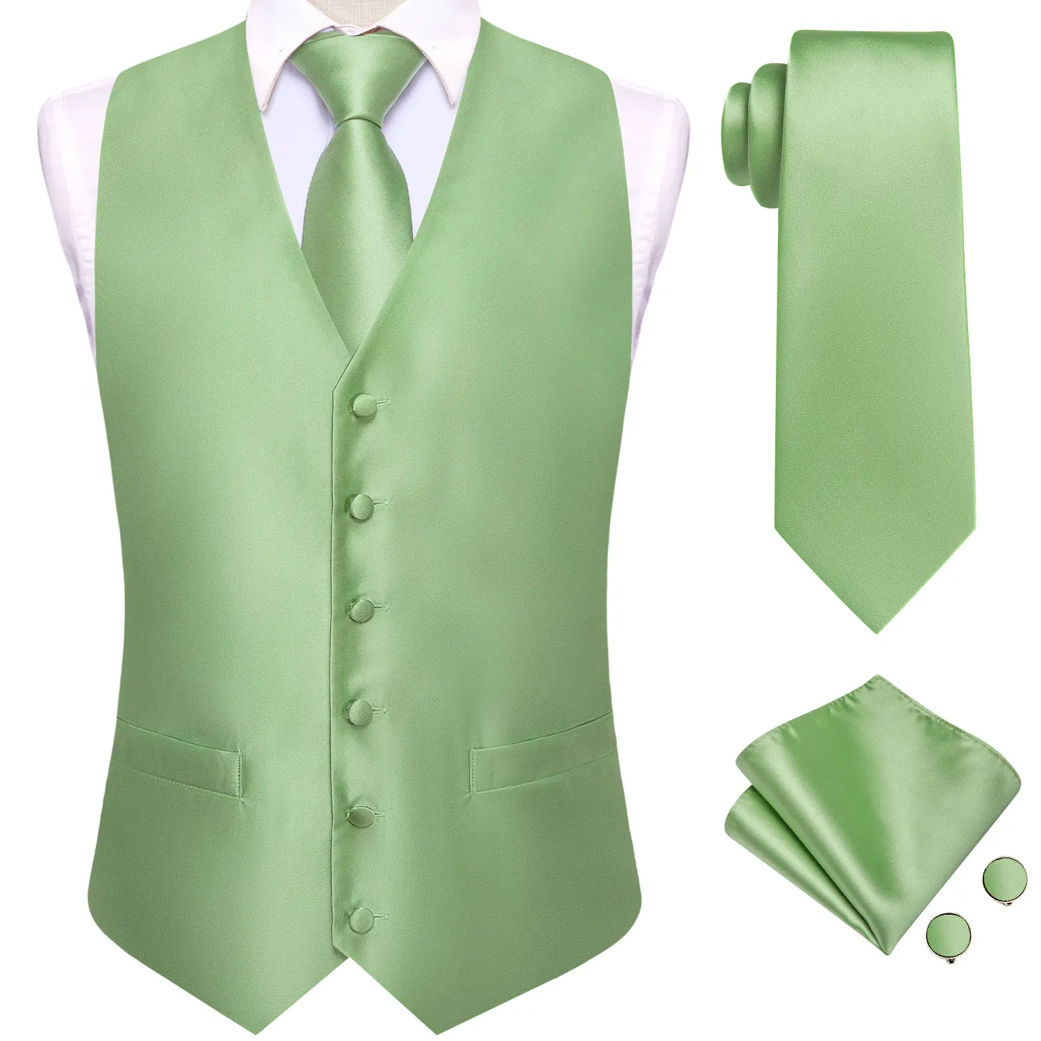 Elegant Sage Green Men's Floral Suit Vest Set – 4-Piece Ensemble with Woven Blue Accents