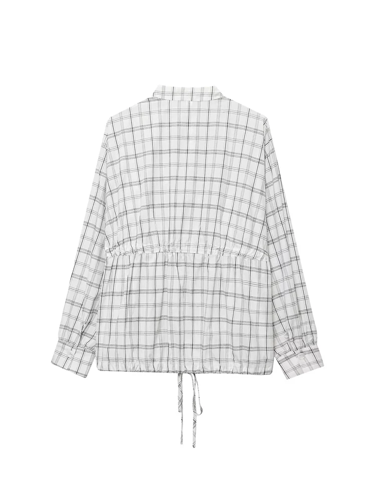 TFMLN 2025 Women's Long Sleeve Thin Shirt Plaid Single Breasted Loose Top Versatile Outerwear Stand Collar Waist Lace Up Shirt