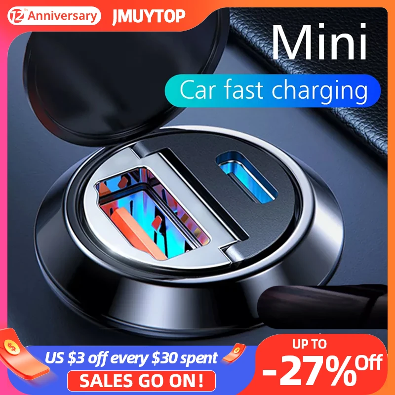 30W PD Car Charger Dual USB Type C Mobile Phone Charger Metal Car Charging QC3 4.0 Quick Charge For iPhone Samsung Xiaomi Tesla apple car phone charger