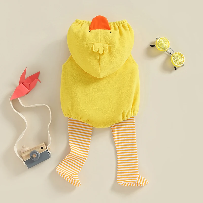 Lovely Chick Romper Baby Boy Girl Halloween Costumes Animal Cosplay Hoodie Romper Jumpsuit Bodysuit Stripe Leg Warmers 2