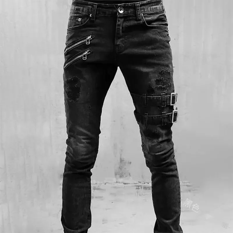 

*Men High Waist Fashion Jean Spring Summer Boyfriend Motorcycle Street Wear Skinny Casual Denim Pants Jeans Straight Trousers