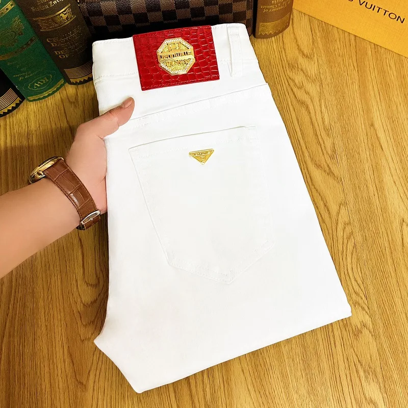 2024 New All-Matching Jeans Men's Black White High-End Fashion Business Casual Stretch Slim Trousers