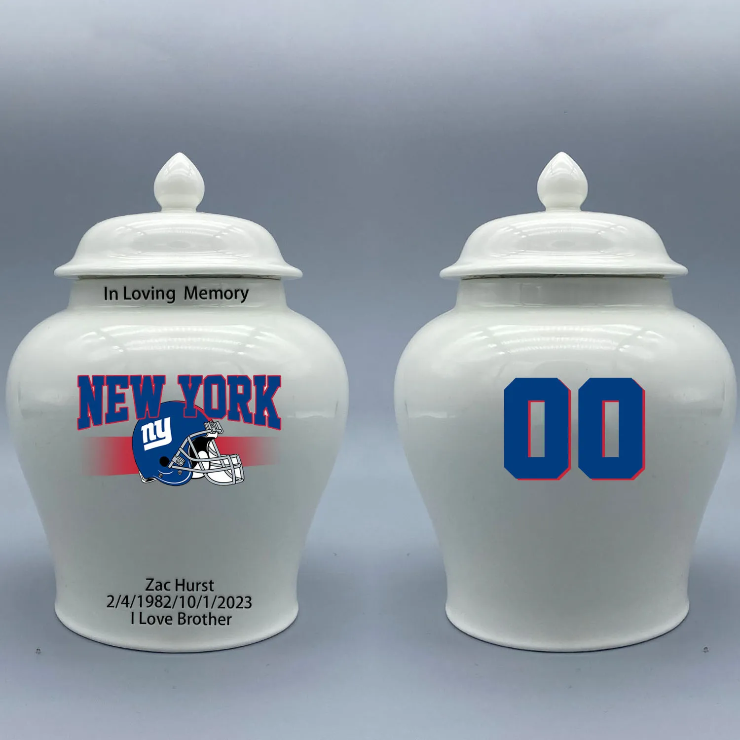 

Medium Urn for New York Giants-themed Logo Urn.Please send me the customize information-name/date and number on the urn