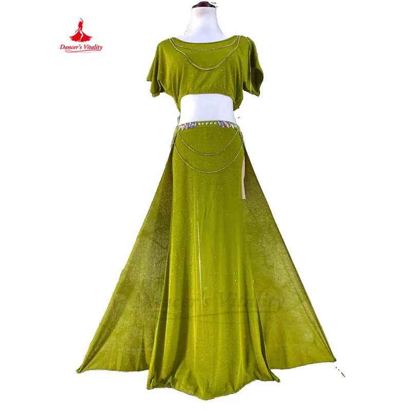 

Тренировочный костюм для танца живота; Комплект для женщин и взрослых; Топ с короткими рукавами + длинная юбка с разрезом; Комплект из 2 предметов; Женская одежда в восточном стиле