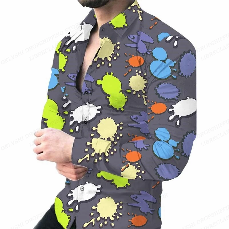 Hawaii Halloween Pumpkin Ghost Pattern Men Shirts Flower Colorful 3d Print Fashion Long Sleeve Lapel Beach Gentleman Clothing