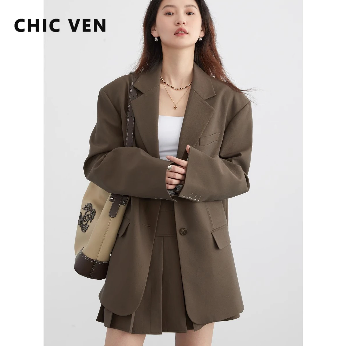 

CHIC VEN Women Blazers Loose Casual Single Breasted New Striped Sleeve Female Jacket Mid Length Woman Tops Spring Autumn 2024